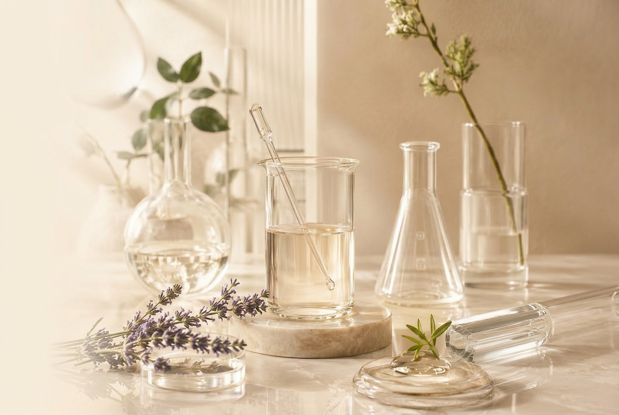 Minimalist Swiss laboratory with botanical extracts