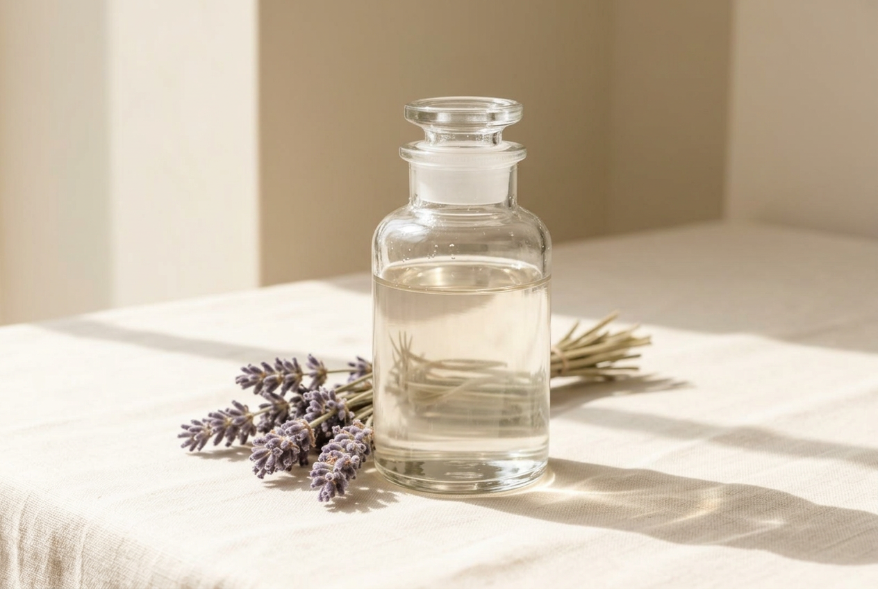 Clear glass apothecary bottle with lavender — clean beauty still life