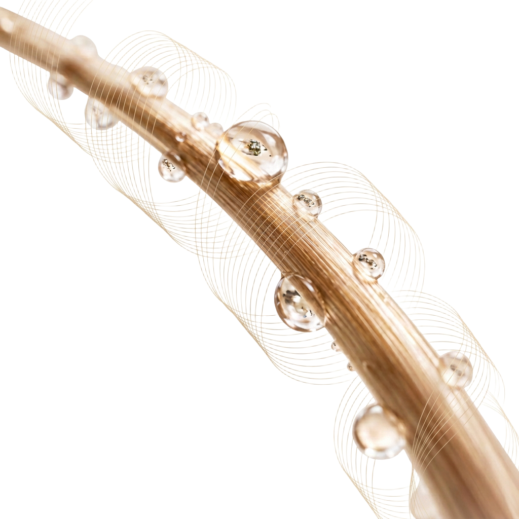 Macro study of a single hair fiber with clear water droplets — hair longevity